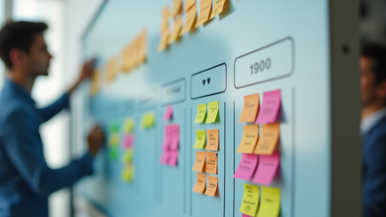 Team using agile methodology with kanban board for fintech project