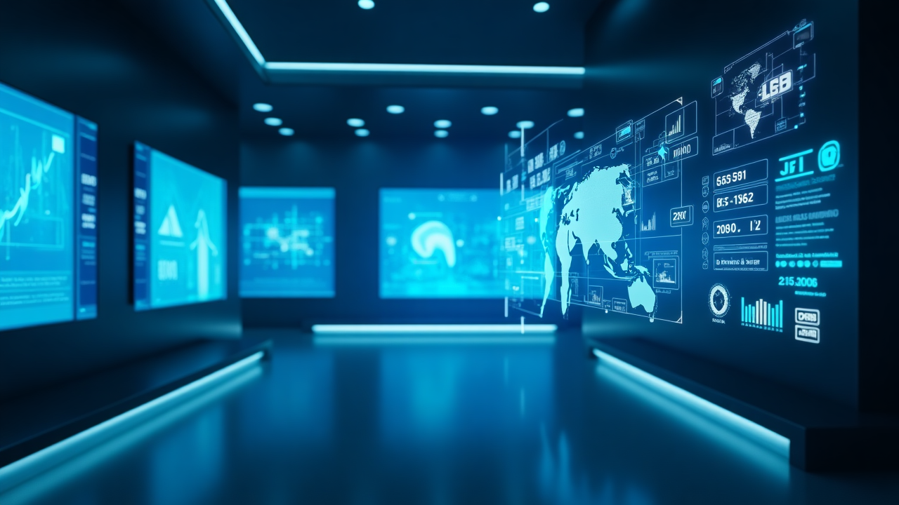 Futuristic banking interface with holographic displays