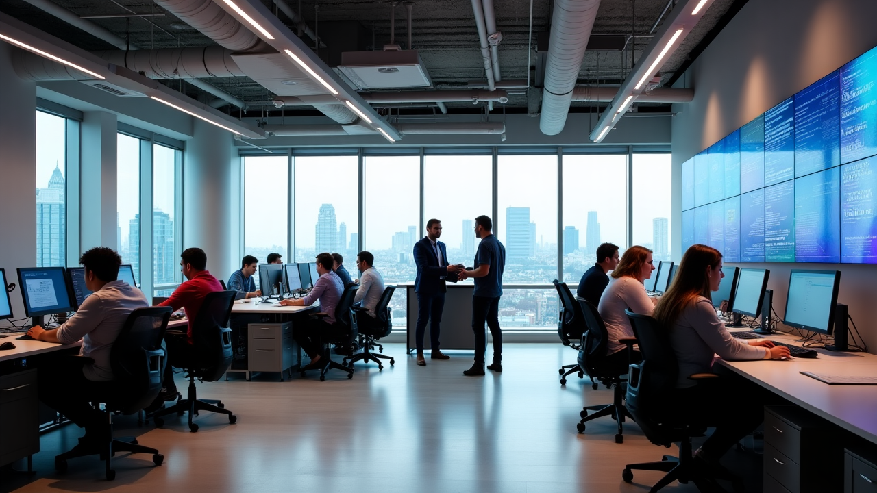 Modern fintech office space in London with technology professionals collaborating