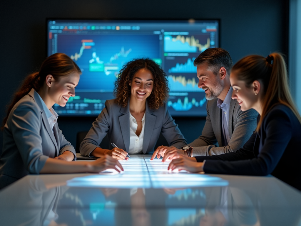 Diverse team of professionals collaborating on financial technology solutions